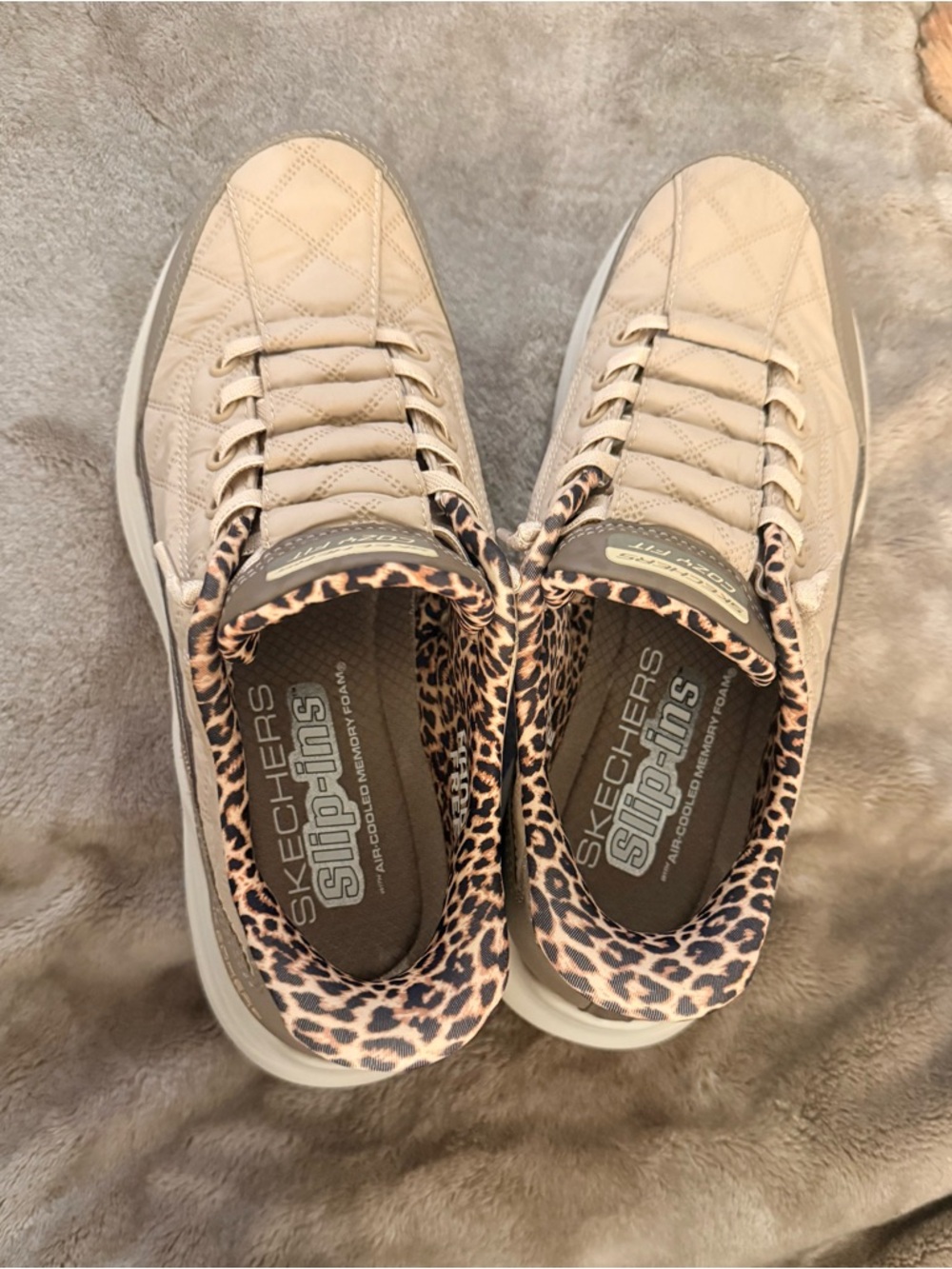 Skechers Women's Quilted Beige Sneakers with Leopard Trim